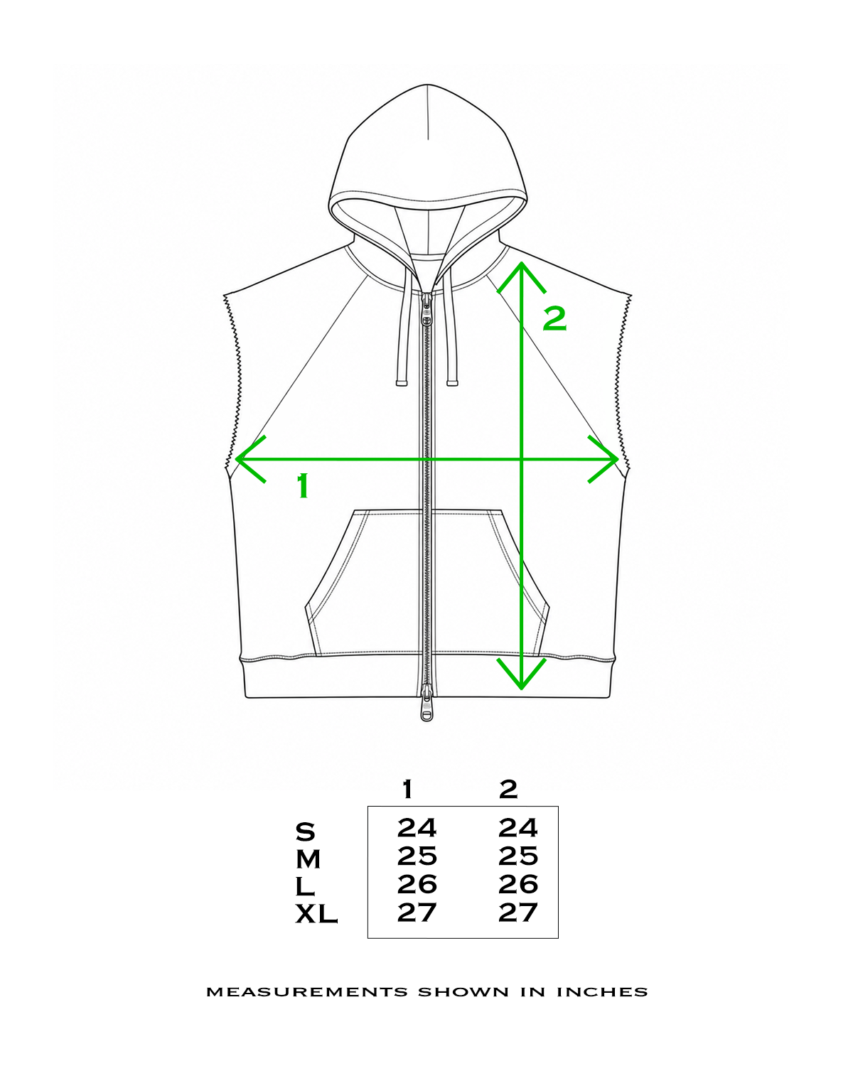 Sleeveless Zip Hoodie size chart