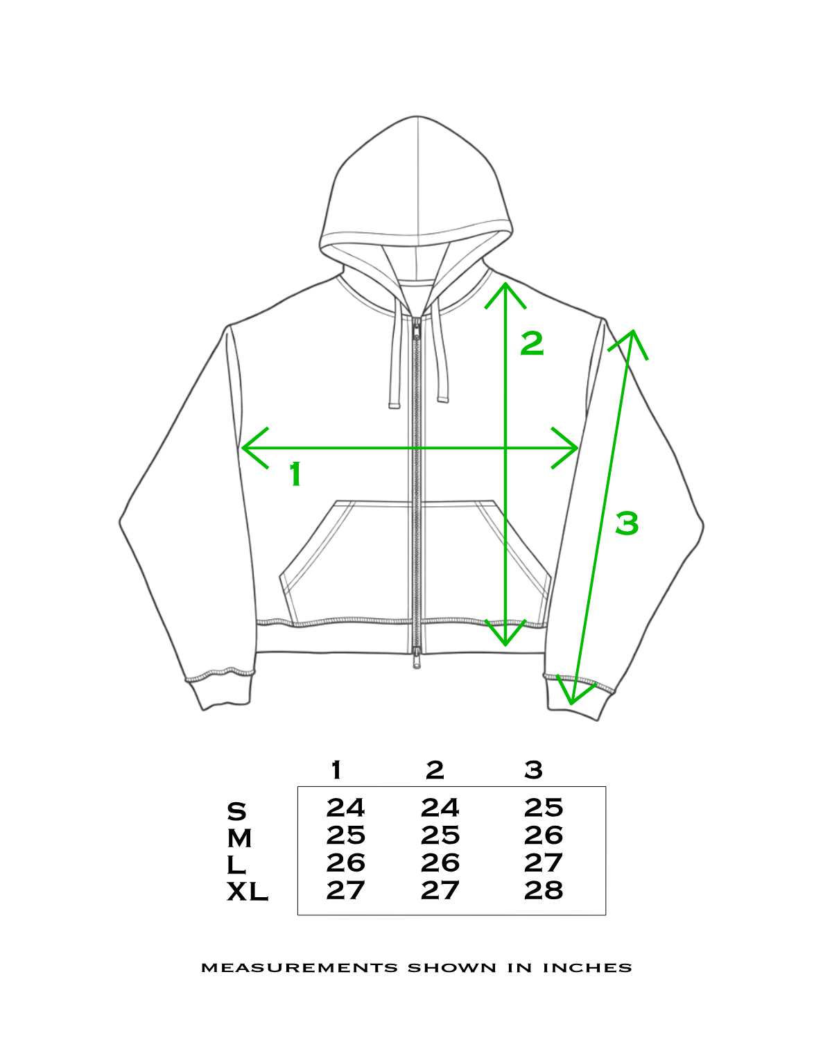 Oversized Zip Hoodie size chart